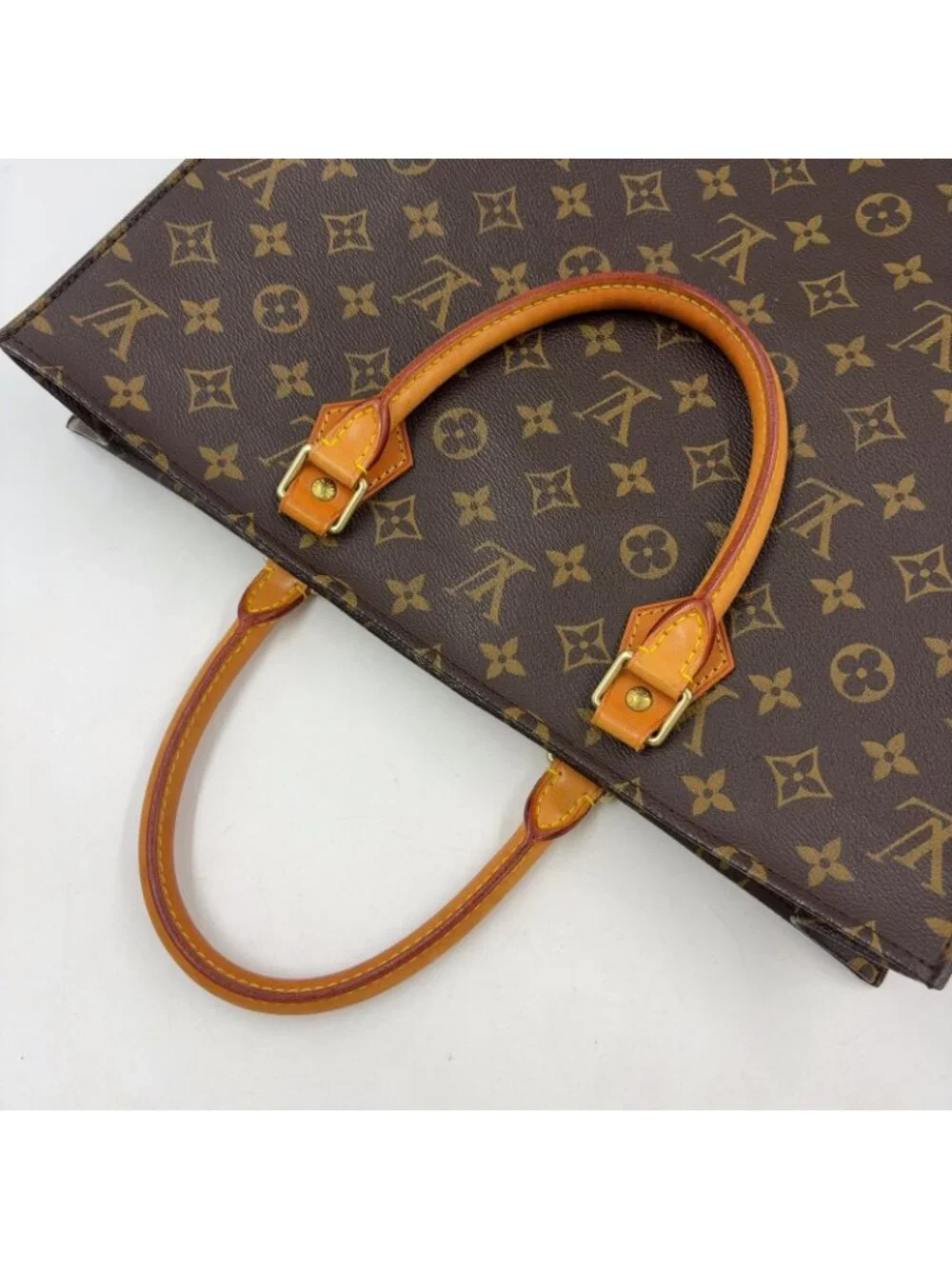 Louis Vuitton Sac Plat Monogram Handbag Leather Brown Light Tote Gold